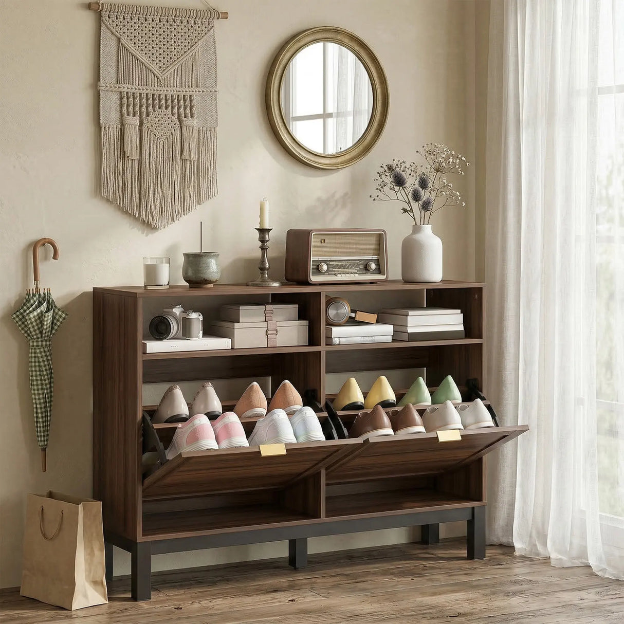 HOMCOM Shoe Cabinet with 2 Flip Drawers, Narrow Shoe Storage Top for Entryway Hallway, Rustic Brown