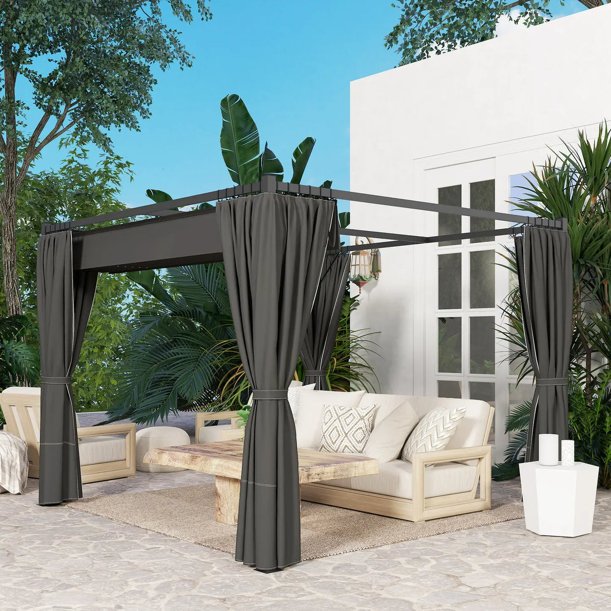 Outsunny 3 x 3(m) Retractable Pergola, Garden Gazebo Shelter with Curtains, for Grill, Patio, Deck, Charcoal Grey