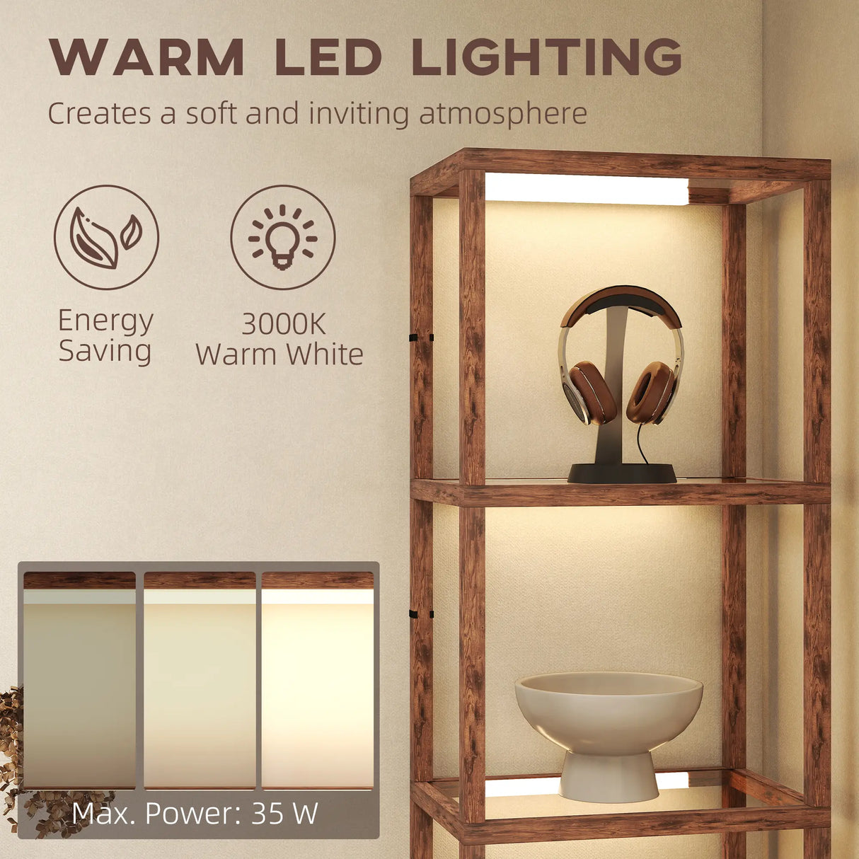 HOMCOM LED Floor Lamp with Glass Shelves, 4 Layers Dimmable Tall Standing Lamp, Modern Column Shelf Floor Light for Living Room, Bedroom, Office, Rustic Brown