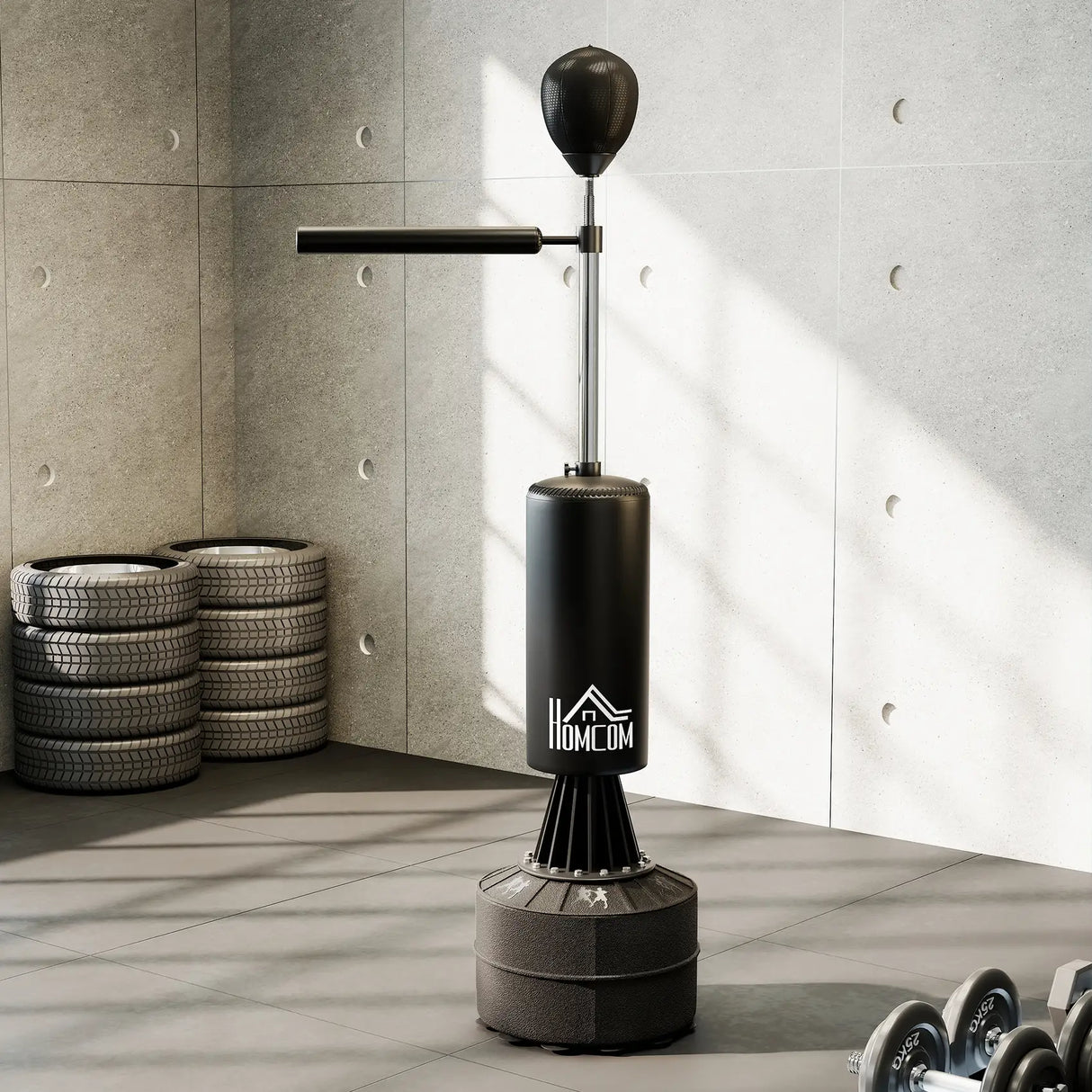 HOMCOM 155-205cm 3-IN-1 Freestanding Boxing Punching Bag Stand, Boxing Speed Trainer with Rotating Flexible Arm, Speed Ball, Fillable Base, Black