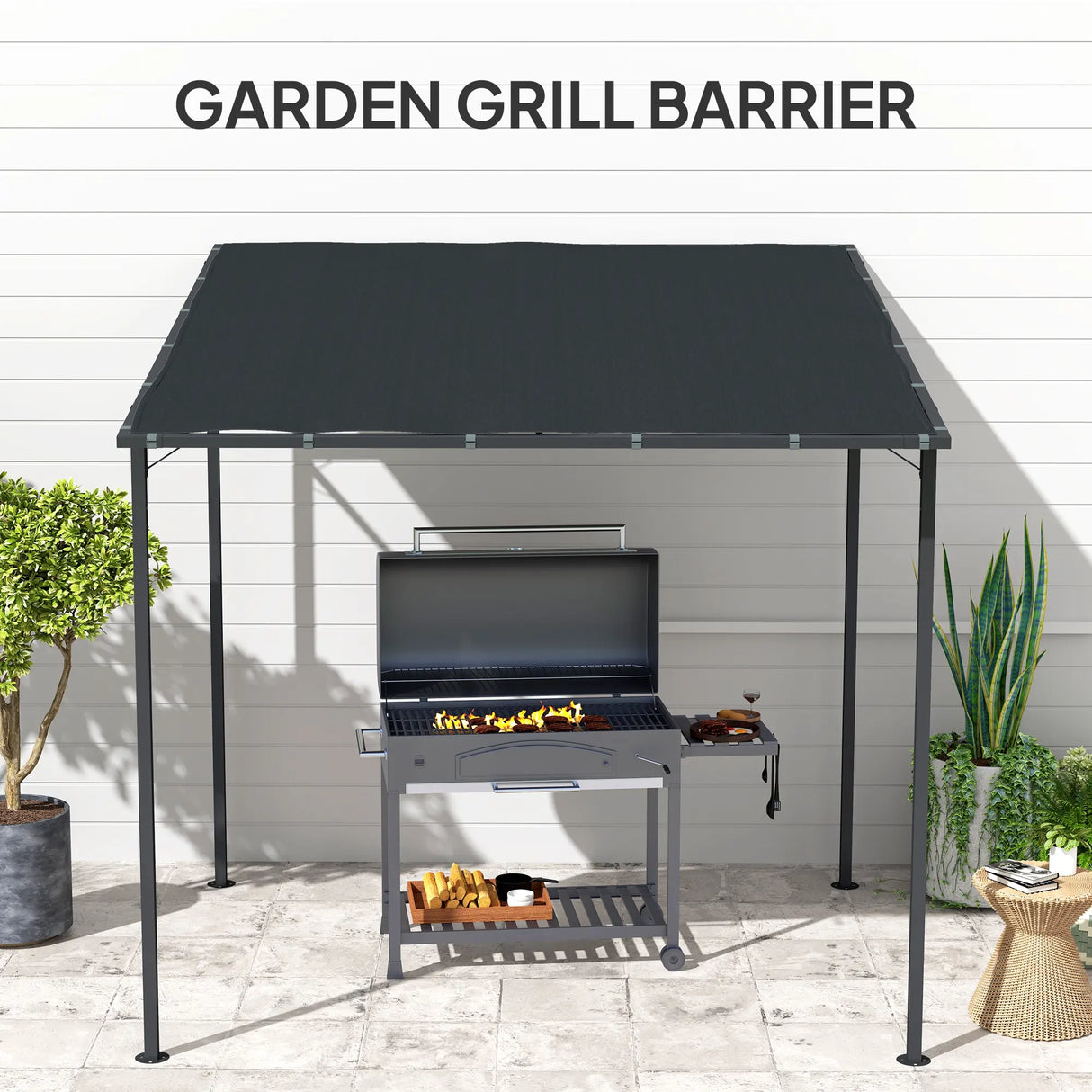 Outsunny 2.4 x 2.4 m Wall Mounted Pergola Gazebo with PA Coating Fabric and Metal Frame, UPF30+, Lean to Garden Gazebo, Wind Resistant Outdoor Sun Shade Shelter for Garden, Deck, Dark Grey