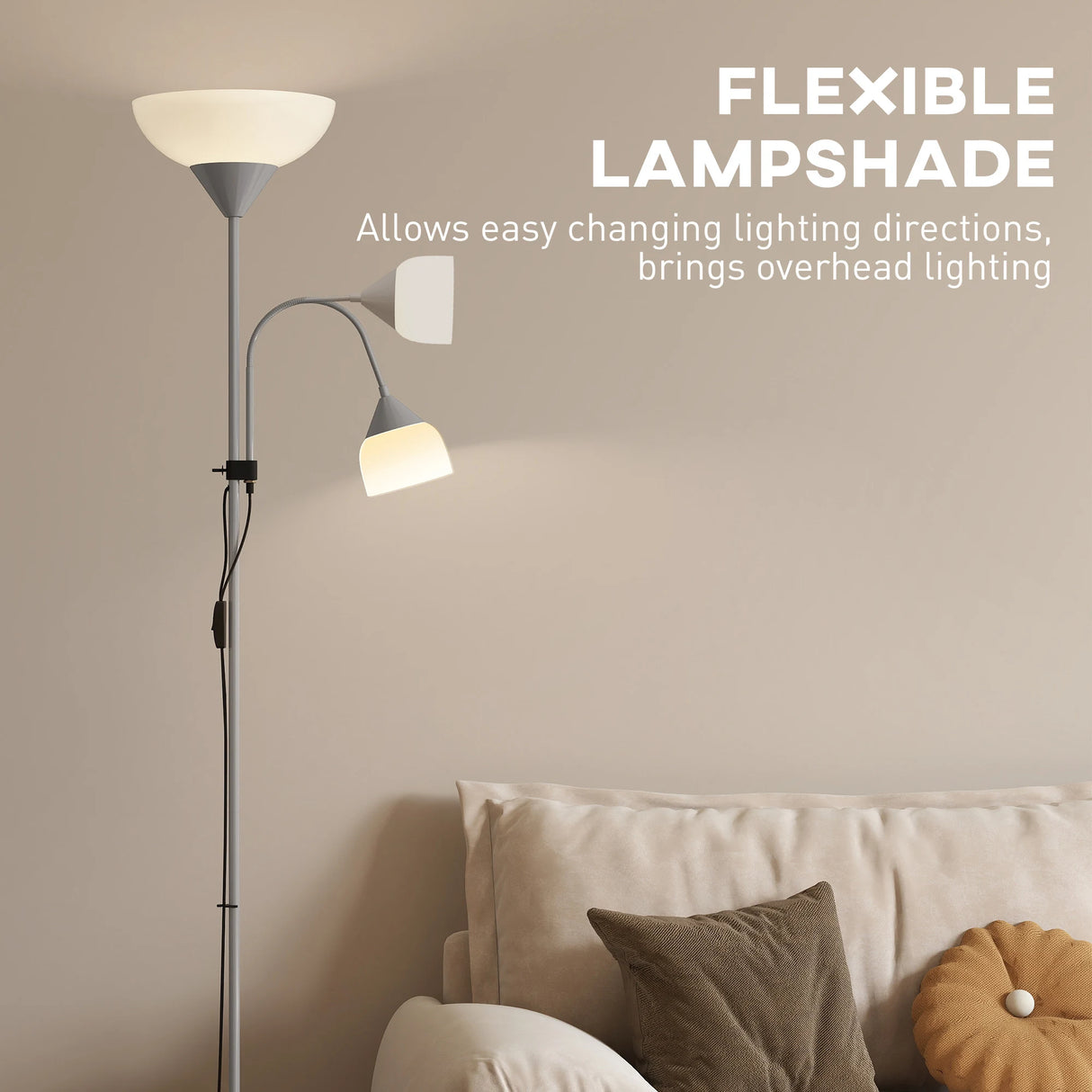 HOMCOM LED Floor Lamp for Living Room, 180cm Tall Standing Lamp, Mother and Child Uplighter with Adjustable Gooseneck, 3000K/4500K/6500K Colour Temperatures, Silver Tone