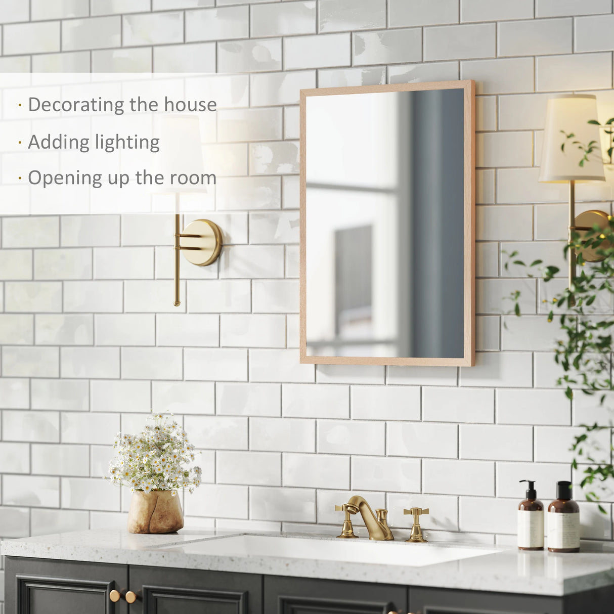 HOMCOM Wall Bathroom Mirror, 70 x 50 cm Wall-Mounted Mirror for Living Room, Bedroom, Hallway, Natural Wood