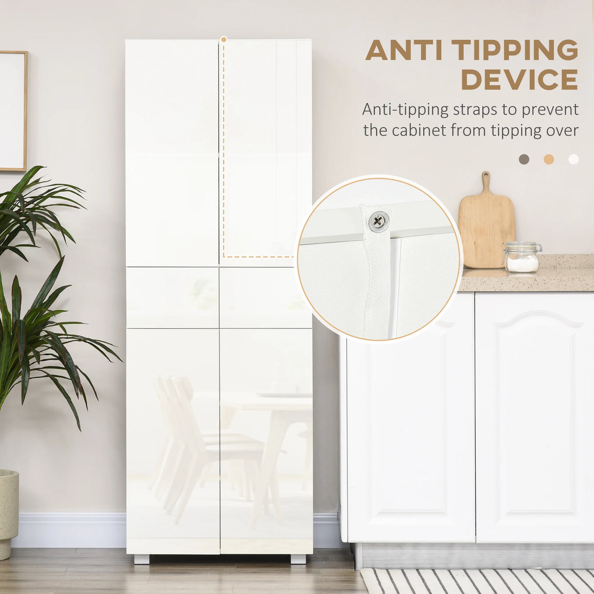 HOMCOM 4-Door Kitchen Cupboard, Tall Freestanding 5-Tier Storage Cabinet with 3 Adjustable Shelves, 2 Drawers for Living Room, Dining Room, Push to Open Design, High Gloss White