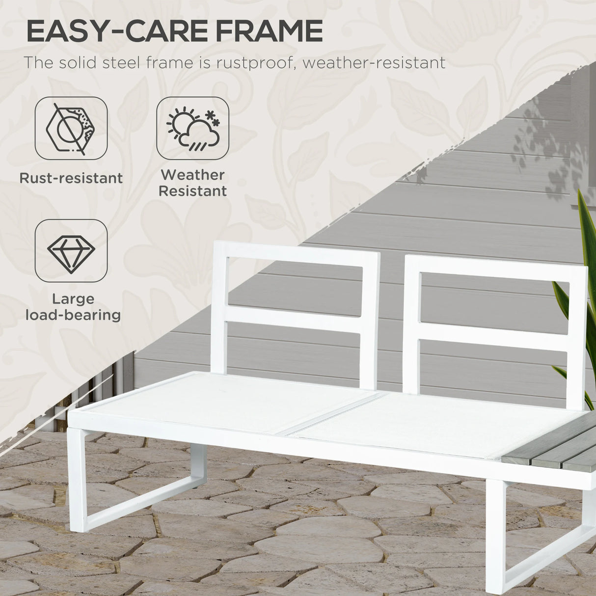 Outsunny 4 Pieces Garden Furniture Set, 5-Level Reclining Garden Corner Sofa Set, Outdoor Lounge Conversation Sectional with Cushions, Wood Effect Plastic Table, White Frame & Grey Cushion
