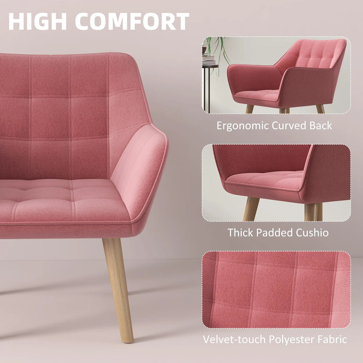 Set of 2 Accent Chair, Arm Chair with Slanted Back, Thick Padding and Rubber Wooden Legs for Living Room, Pink
