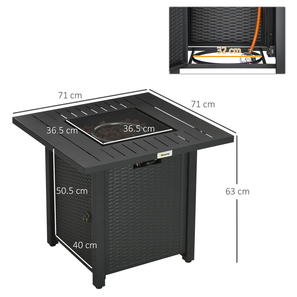 Outsunny Rattan-style Propane Gas Fire Pit Table with 40,000 BTU Burner, Square Smokeless Firepit Patio Heater with Thermocouple, Lava Rocks, Waterproof Cover, Spark Guard and Lid, Black