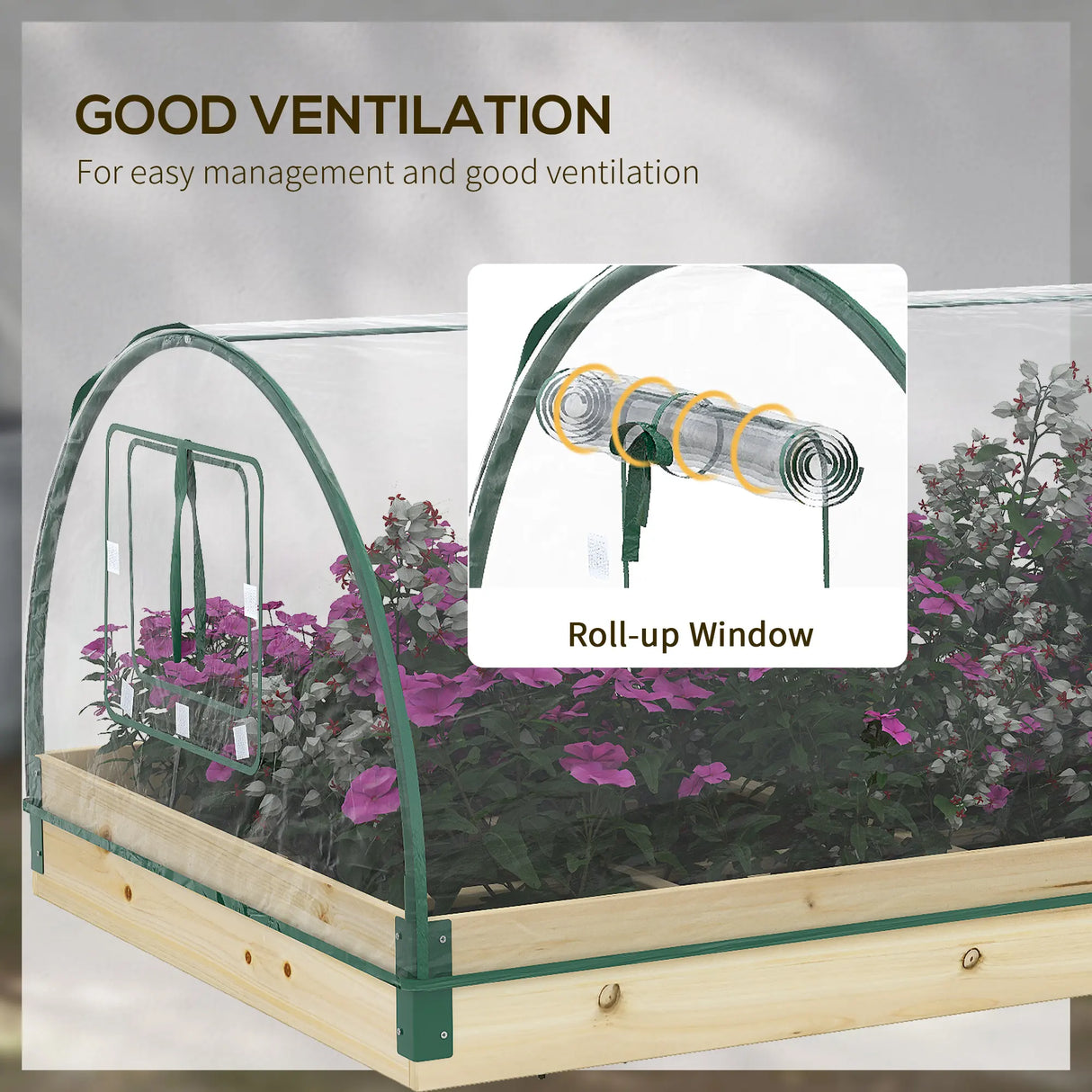 Outsunny Raised Bed with Greenhouse, Wooden Garden Planter Box with PVC Cover, Roll Up Windows, Dual Use for Vegetables, Plants, Flowers, 115 x 80 x 54 cm, Natural Wood Effect