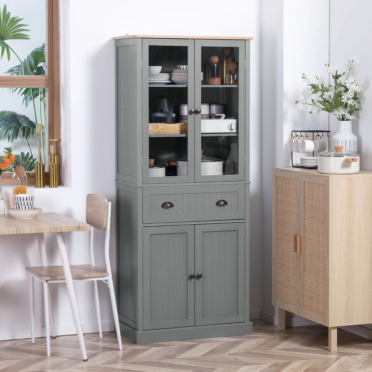 HOMCOM 180cm Tall Kitchen Pantry Cupboard, Freestanding Storage Cabinet with 5 Tier, Adjustable Shelves, Drawer, Grey
