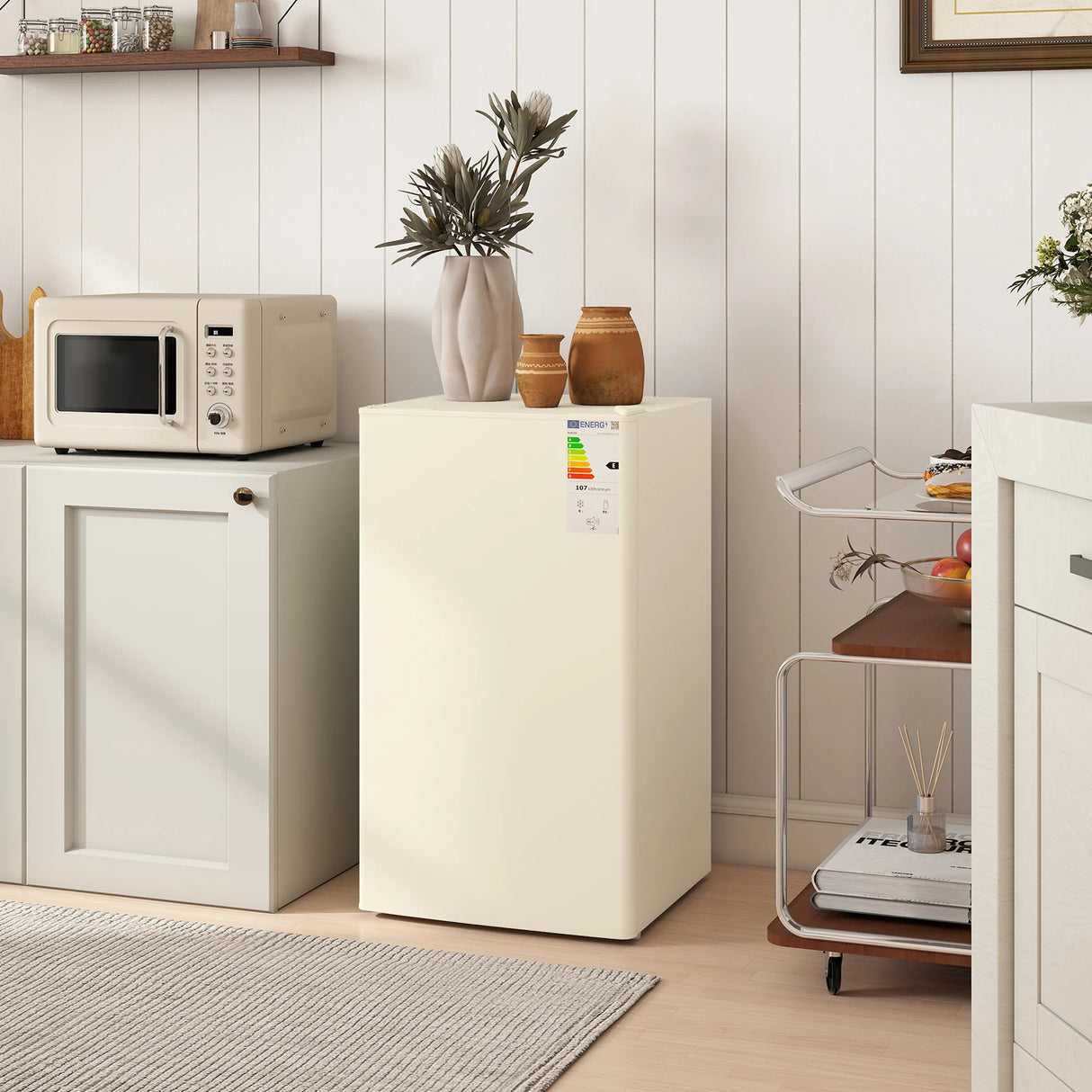 HOMCOM 91 Litre Freestanding Under Counter Fridge Freezer, Small Fridge with Chiller Box, Adjustable Thermostat, 47.5cm Wide, Beige