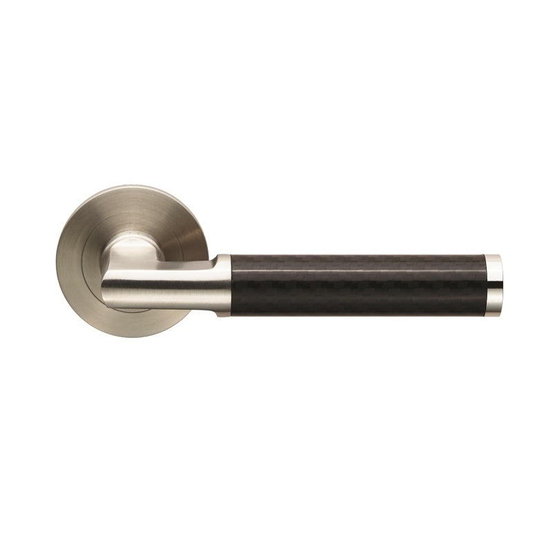 CARBON LEVER ON SPRUNG SCREW-ON ROUND ROSE - SATIN STAINLESS STEEL - PAIR