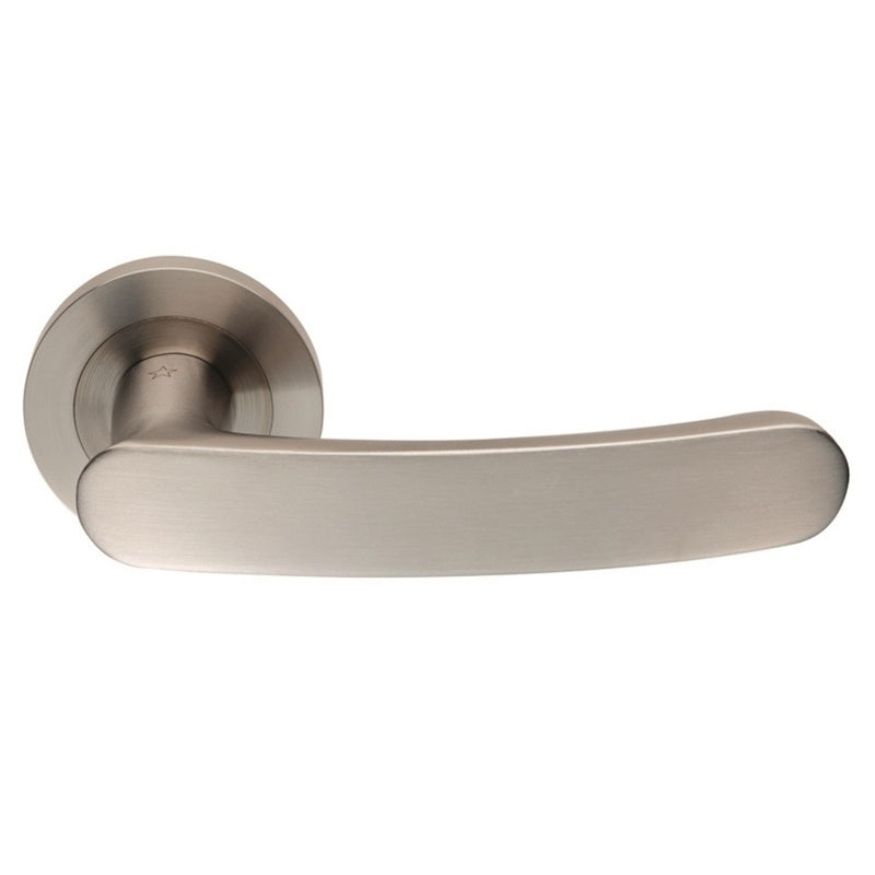BERLINO LEVER ON SPRUNG SCREW-ON ROUND ROSE - SATIN STAINLESS STEEL - PAIR
