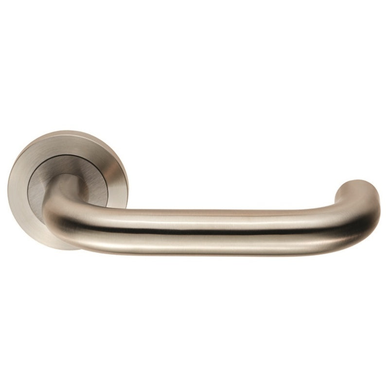 NERA LEVER ON SPRUNG SCREW-ON ROUND ROSE - SATIN STAINLESS STEEL - PAIR