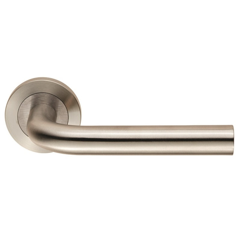 SPIRA LEVER ON SPRUNG SCREW-ON ROUND ROSE - SATIN STAINLESS STEEL - PAIR