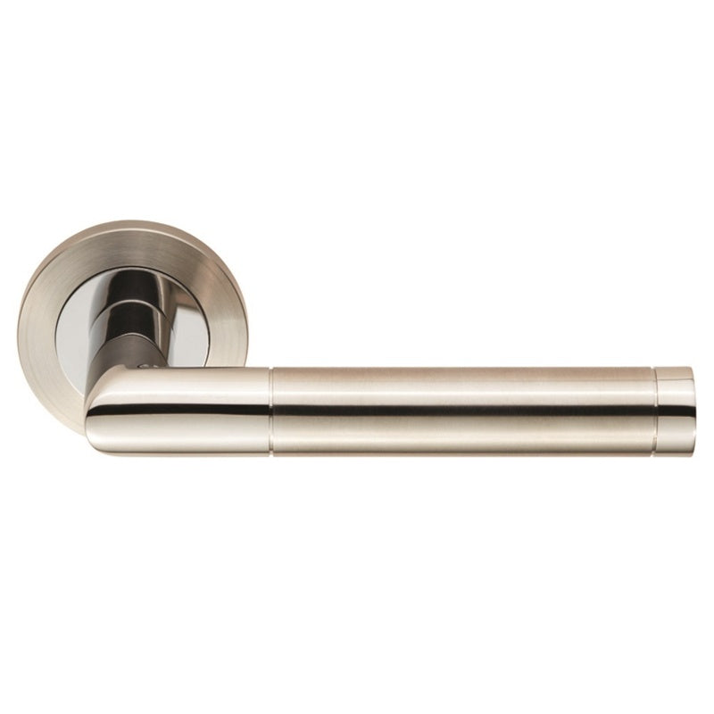 TREVIRI LEVER ON SPRUNG SCREW-ON ROUND ROSE - BRIGHT STAINLESS STEEL/SATIN STAINLESS STEEL - PAIR