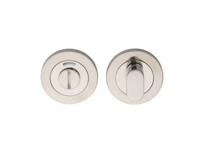 TURN & RELEASE - 5MM SPINDLE - SCREW-ON ROUND ROSE WITH INDICATOR - BRIGHT STAINLESS STEEL - SET
