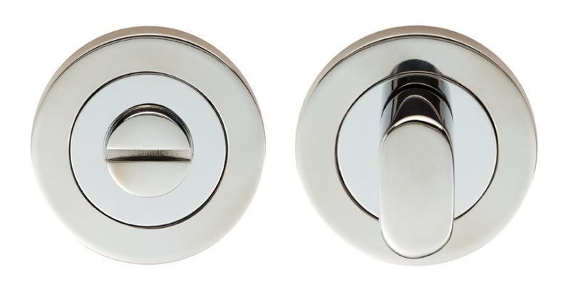TURN & RELEASE - 5MM SPINDLE - SCREW-ON ROUND ROSE - BRIGHT STAINLESS STEEL - SET