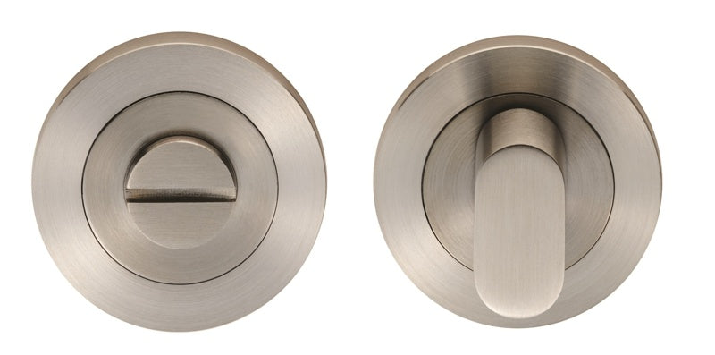 TURN & RELEASE - 5MM SPINDLE - SCREW-ON ROUND ROSE - SATIN STAINLESS STEEL - SET
