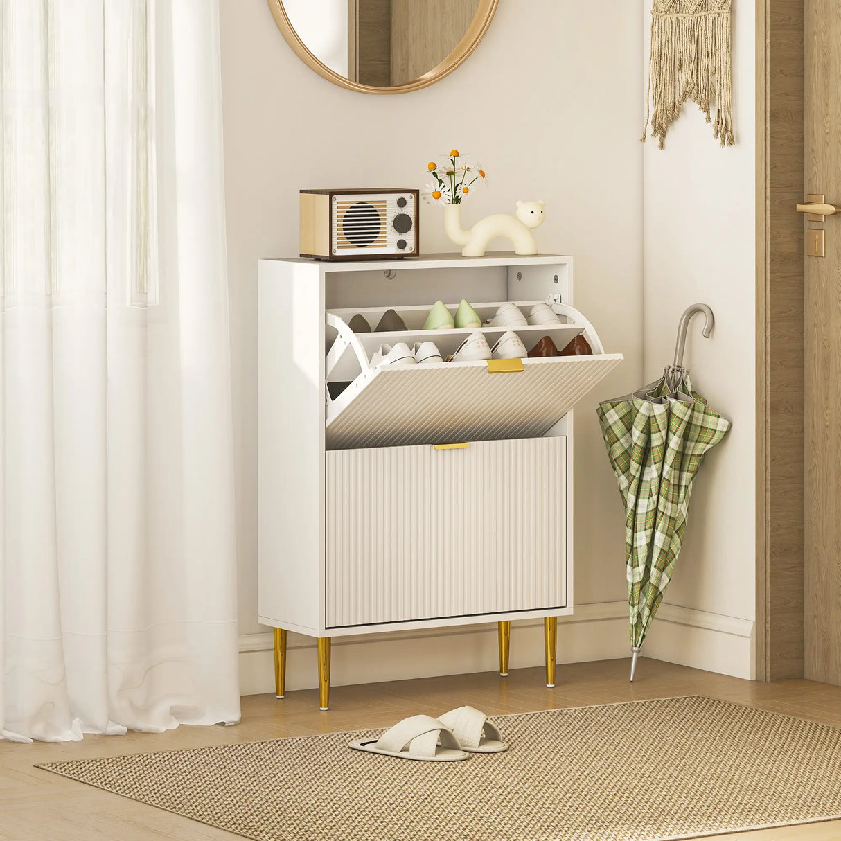 HOMCOM Narrow Shoe Cabinet with 2 Flip Drawers - White