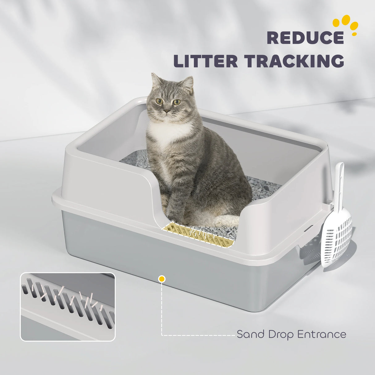 PawHut Stainless Steel Litter Box with Detachable Rim, Scoop, Easy Cleaning, Odour-Resistant, 60 x 40 x 28 cm