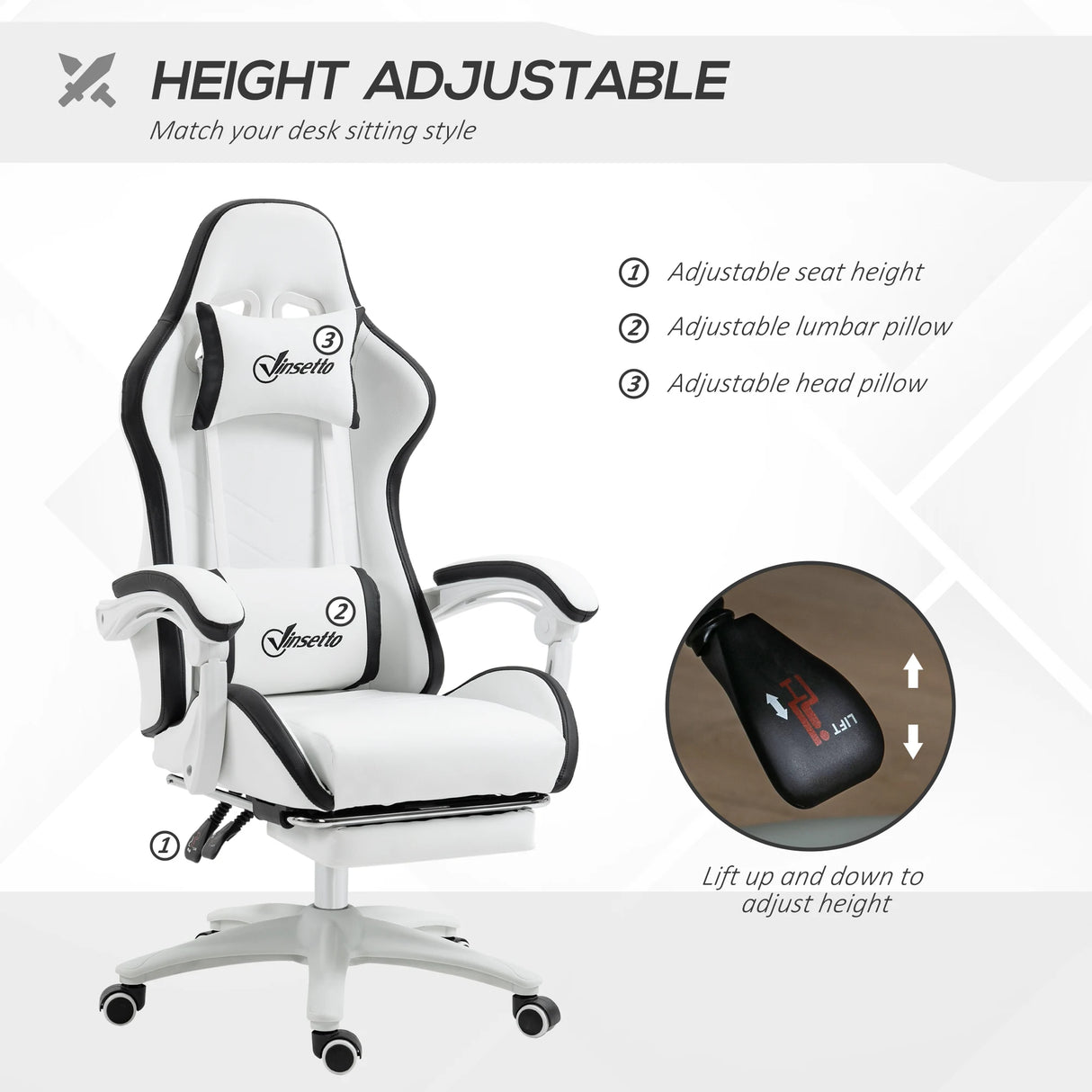 Vinsetto Computer Gaming Chair, PU Leather Office Desk Chair with Footrest, Swivel Wheels, 135 Reclining Back, Lumbar Support, Headrest for Home, White and Black