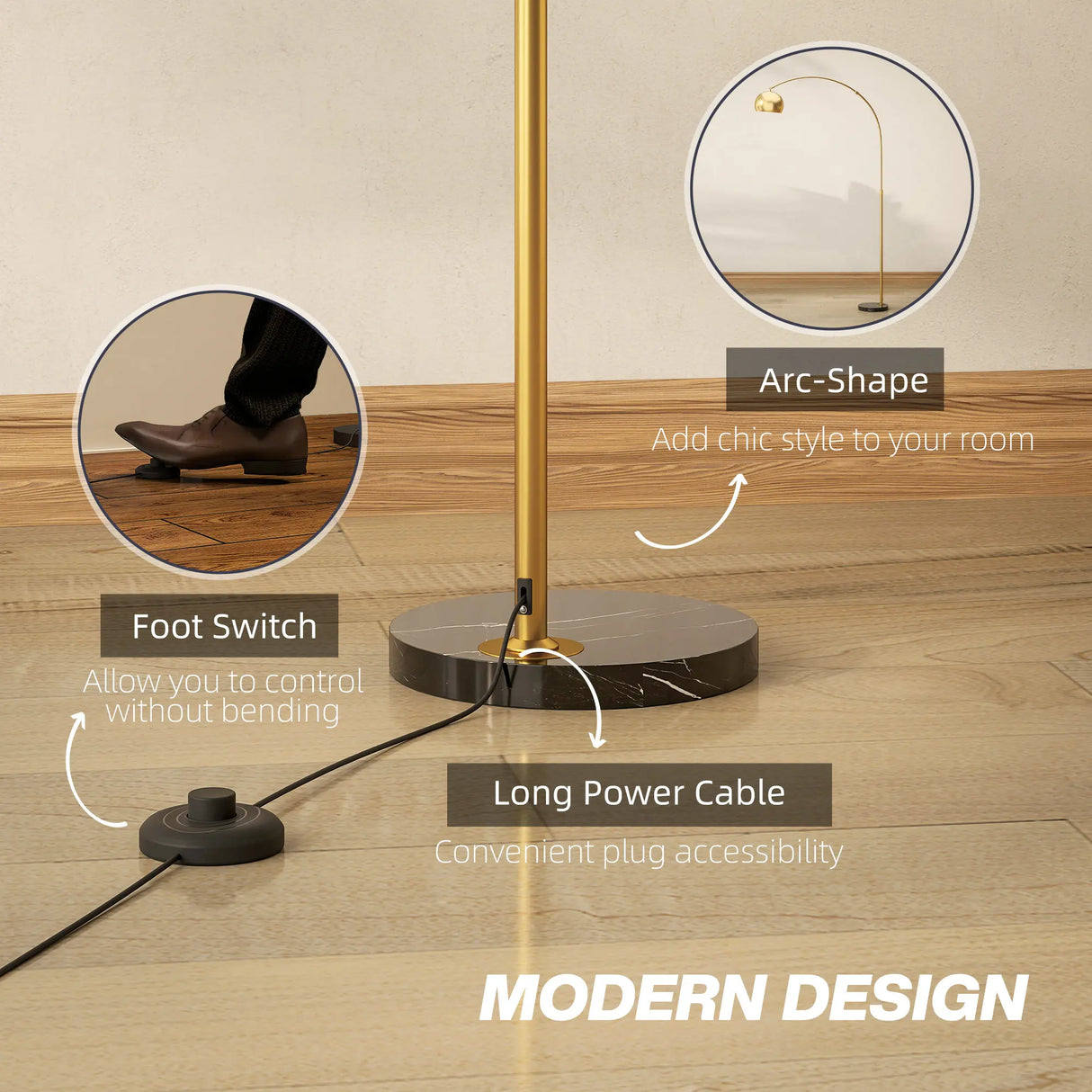 HOMCOM 180cm Arc Floor Lamp for Living Room, Modern Adjustable Standing Lamp with Foot Switch, Faux Black Marble Base and Bell Shade for Home Offices, Bedrooms, Gold Tone