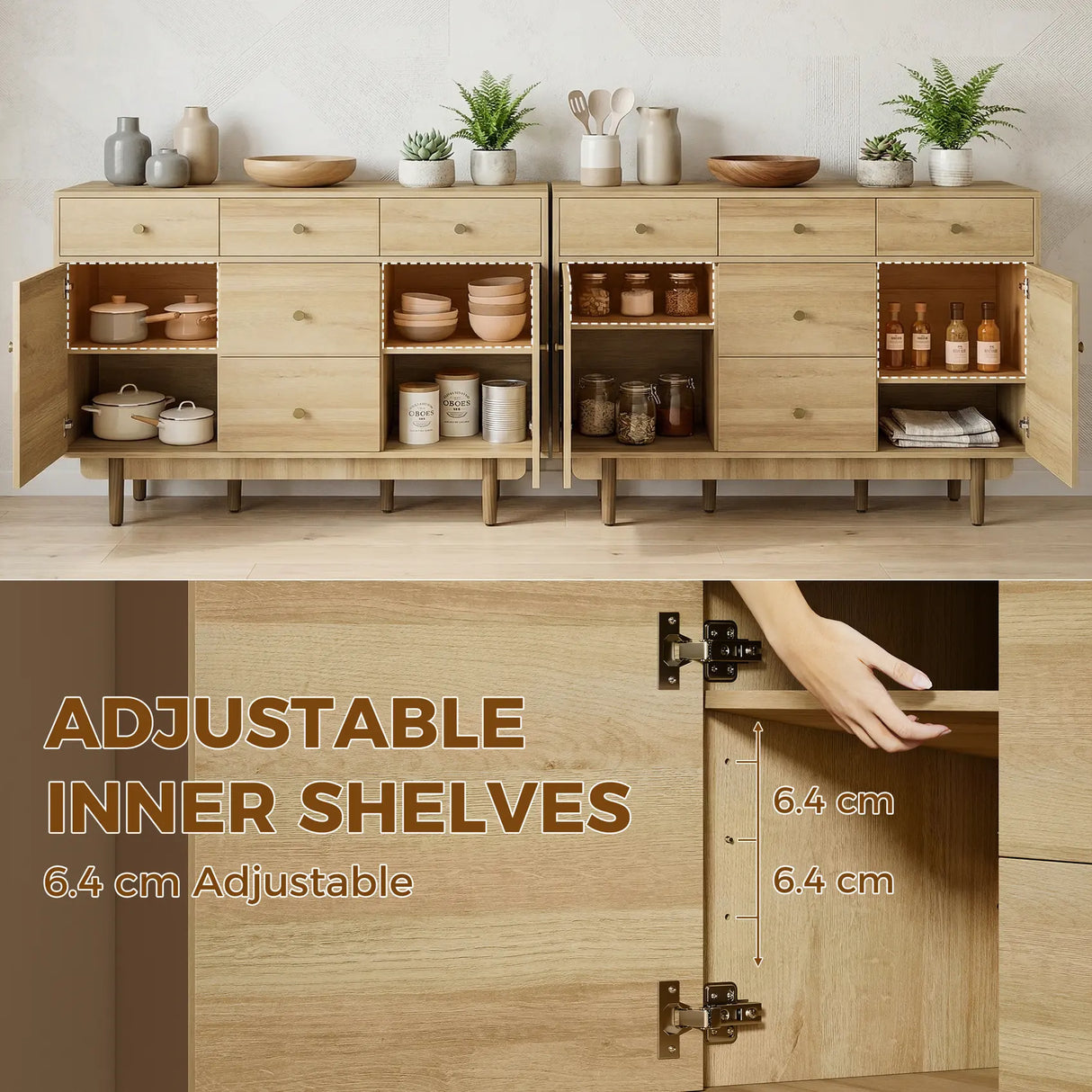 HOMCOM Sideboard with 5 Drawers and 2 Cabinets Buffet Cabinet with Solid Wood Legs 136 cm Walnut