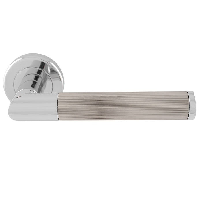 TREND LINES LEVER ON SPRUNG SCREW-ON ROUND ROSE - Polished Chrome/Satin Nickel - PAIR