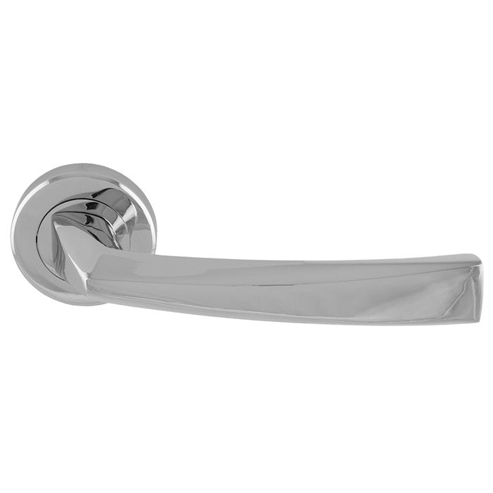 SCOPO LEVER ON SPRUNG SCREW-ON ROUND ROSE - POLISHED CHROME - PAIR