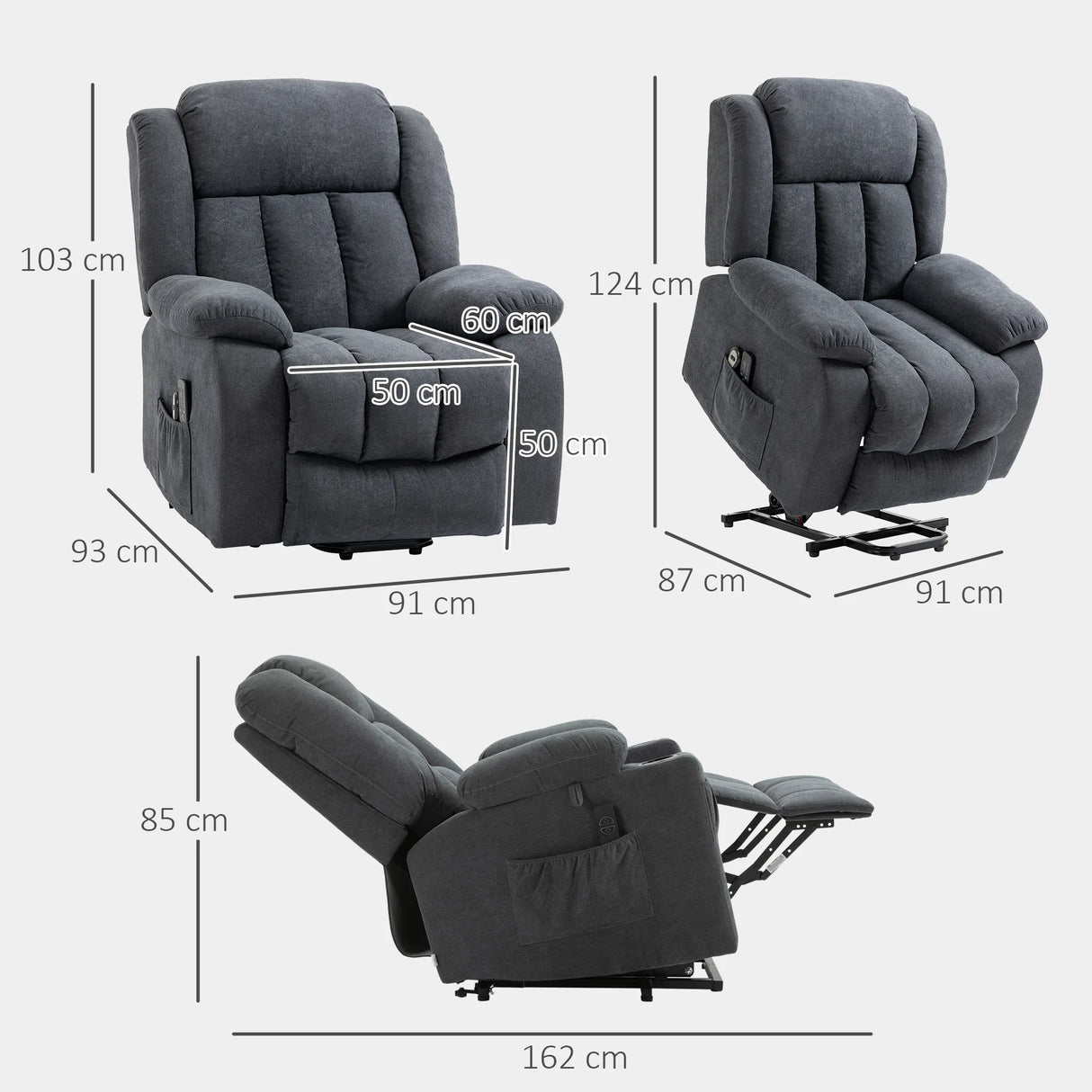 HOMCOM Overstuffed Riser and Recliner Chairs for the Elderly with 8 Vibration Massage, Fabric Upholstered Lift Chair for Living Room with Remote Control, Side Pocket, Footrest, Dark Grey
