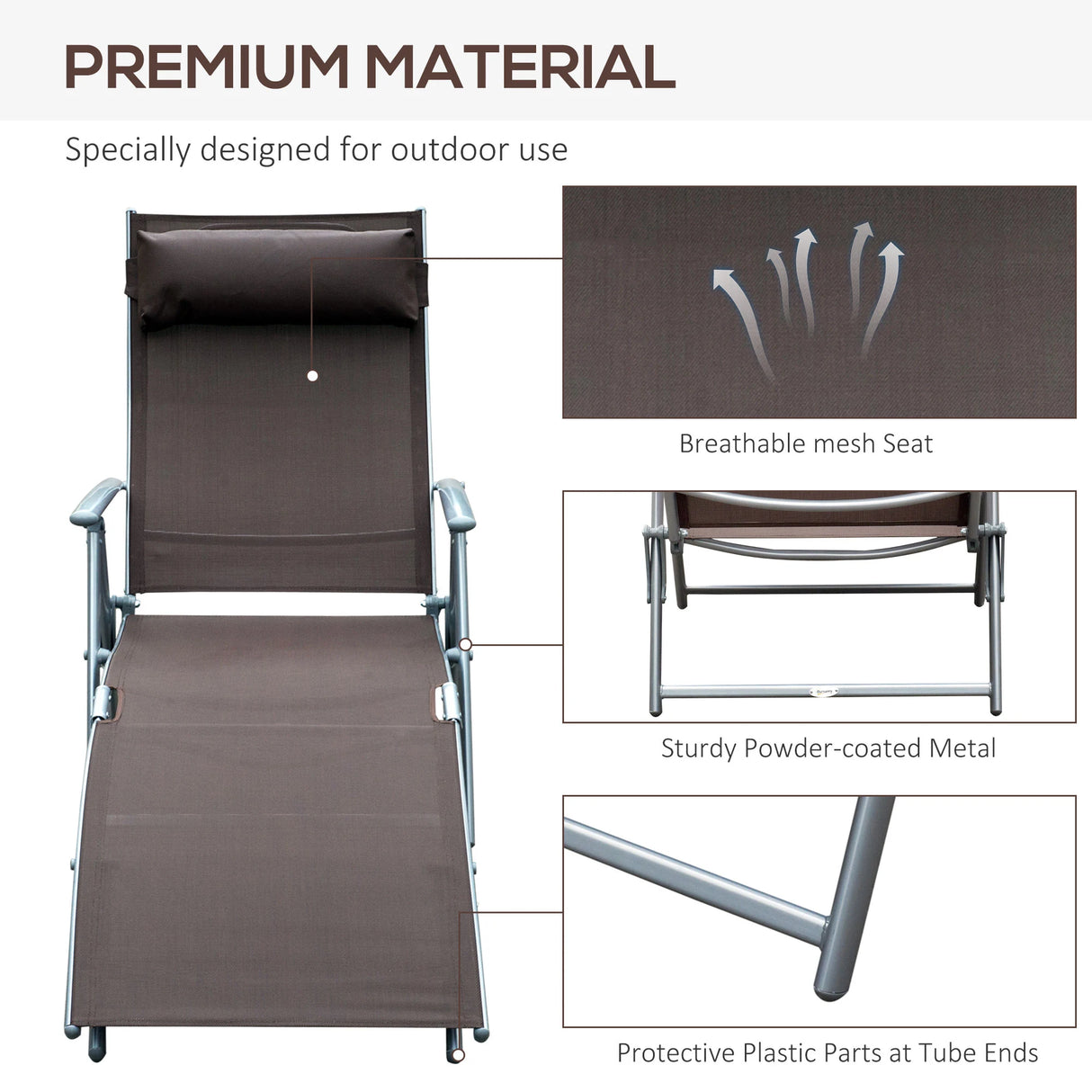 Outsunny Sun Lounger Steel Frame Outdoor Folding Chaise Texteline Lounge Chair Recliner with Headrest & 7 Levels Adjustable Backrest, Brown