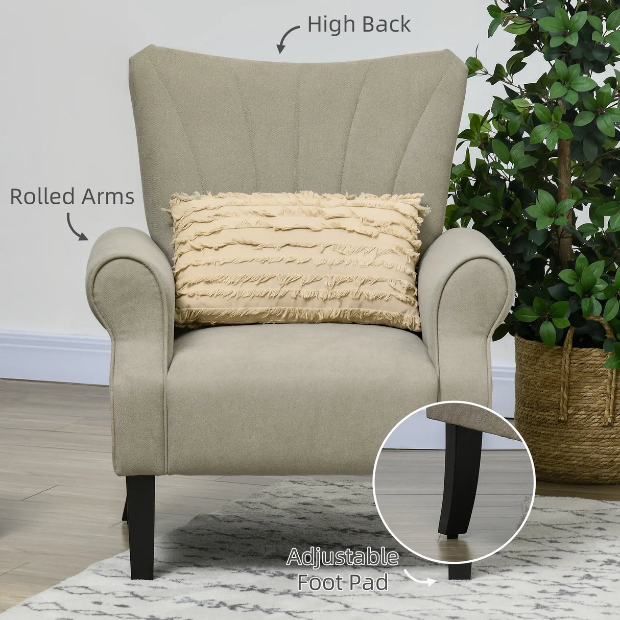 HOMCOM Upholstered Accent Chair with Rolled Arms and Wood Legs, Armchair for Living Room Bedroom, Beige