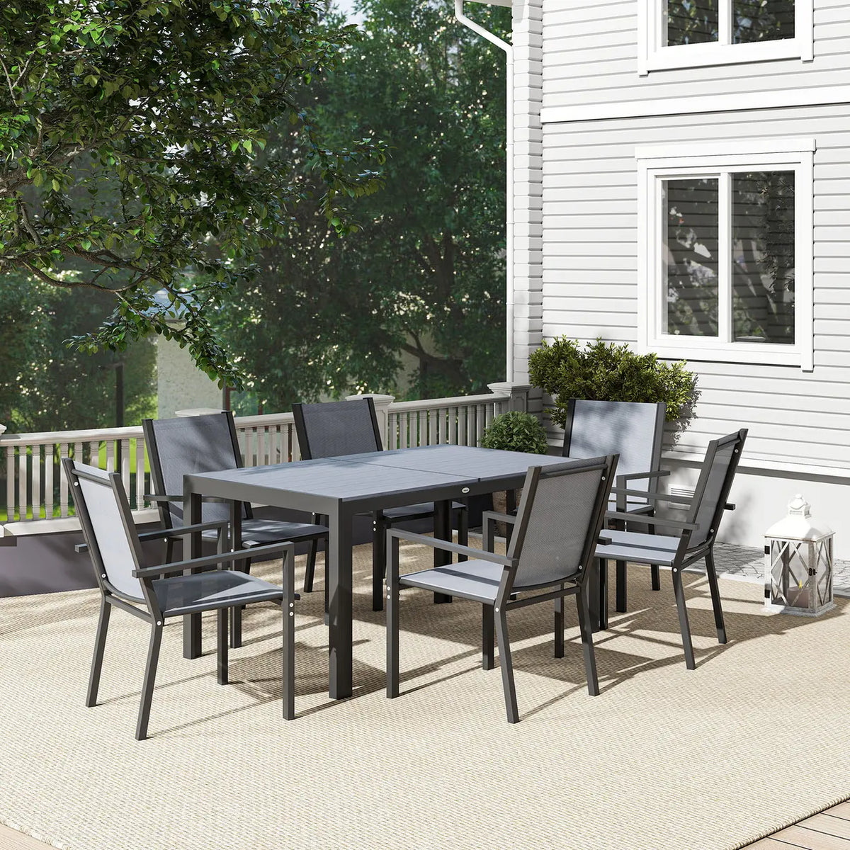 Outsunny Seven-Piece Garden Dining Set, with Plastic Wood-Top Table - Grey