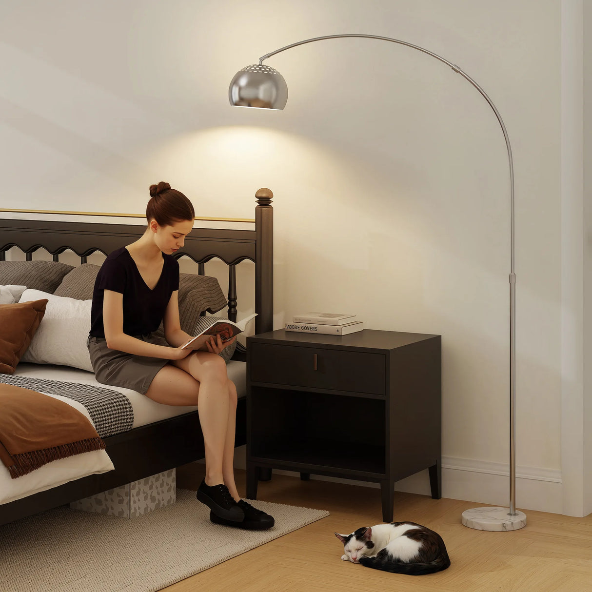 HOMCOM Arc Floor Lamp for Living Room, Modern Adjustable Standing Lamp with Faux Black Marble Base Silver Tone