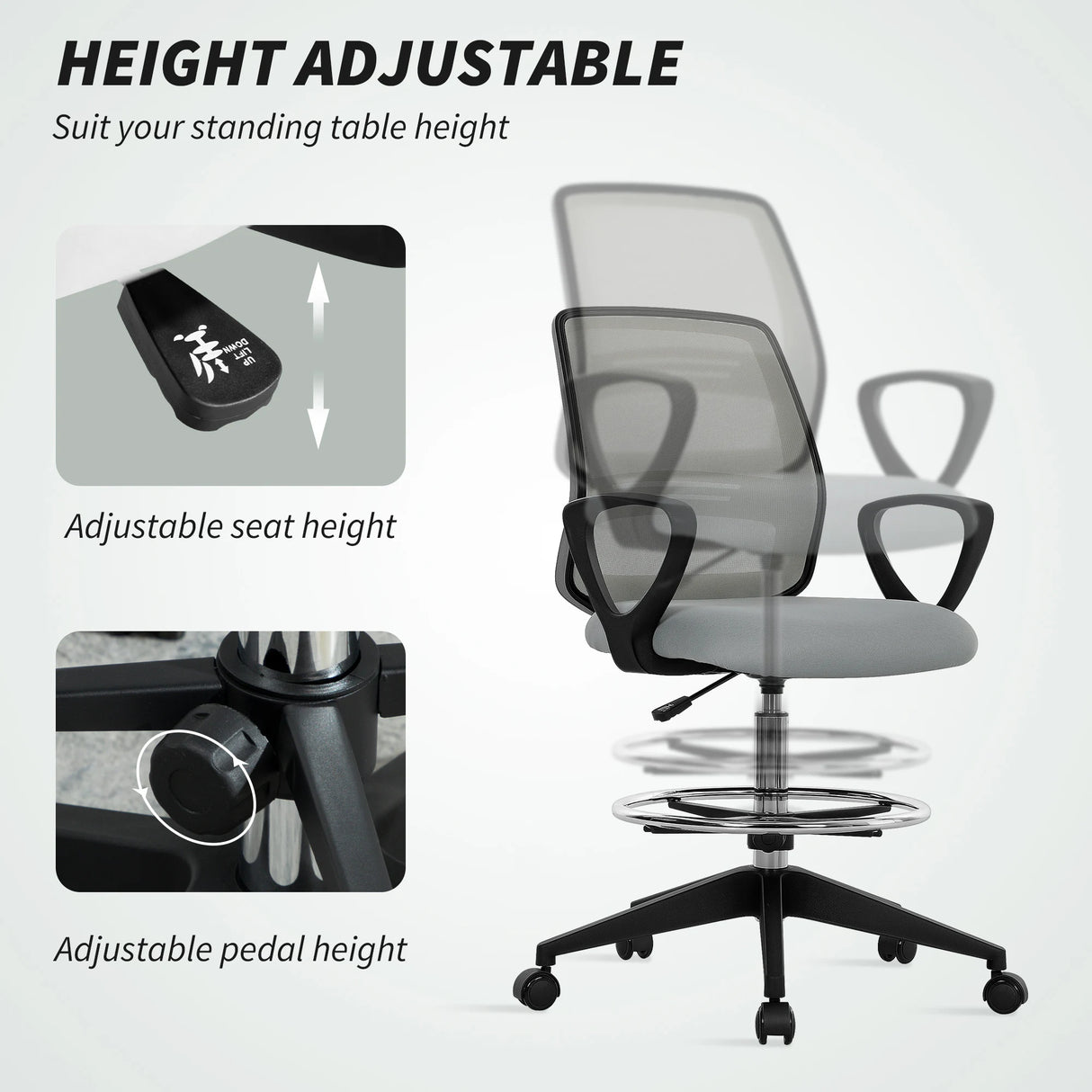 Vinsetto 100-120cm Draughtsman Office Chair, with Footrest - Light Grey