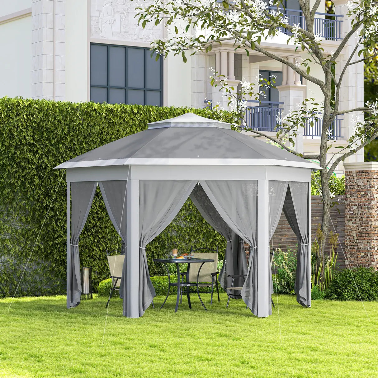 Outsunny 3 x 4m Garden Gazebo Hexagon Pop Up Gazebo Party Tent Canopy Double Roof Instant Shelter with Netting and Carry Bag for Outdoor Patio, Dark Grey