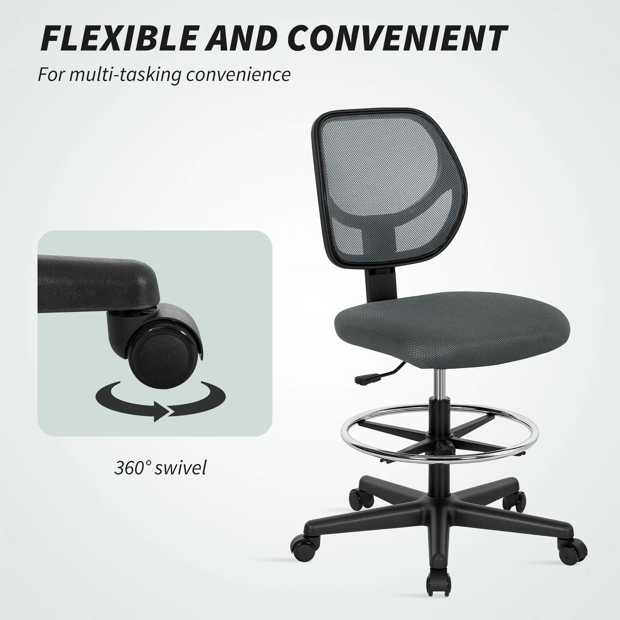 Vinsetto Ergonomic Mesh Standing Desk Chair with Adjustable Footrest Ring and Seat Height Charcoal Grey
