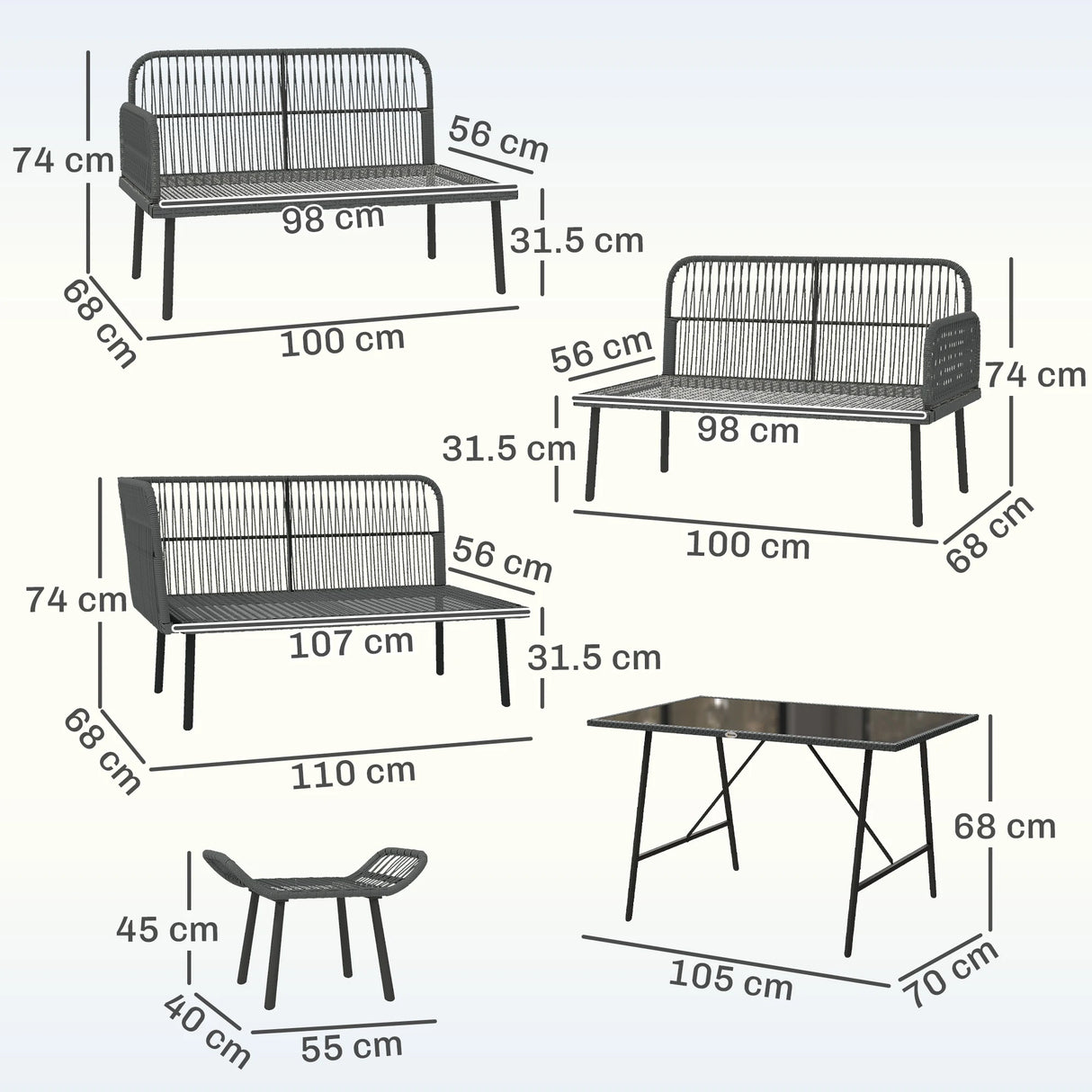 Outsunny 6 Piece Rattan Garden Furniture Set, 8 Seater Garden Corner Sofa with Cushions and Glass Top Table, Orange