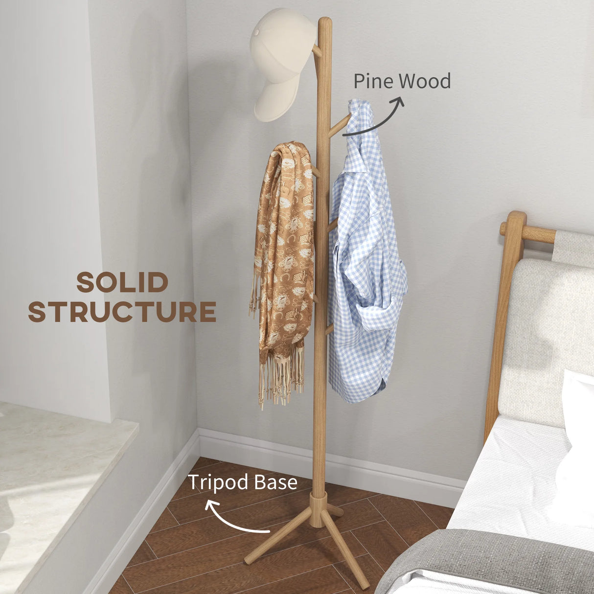 HOMCOM Eight-Hook Wooden Coat Rack - Natural