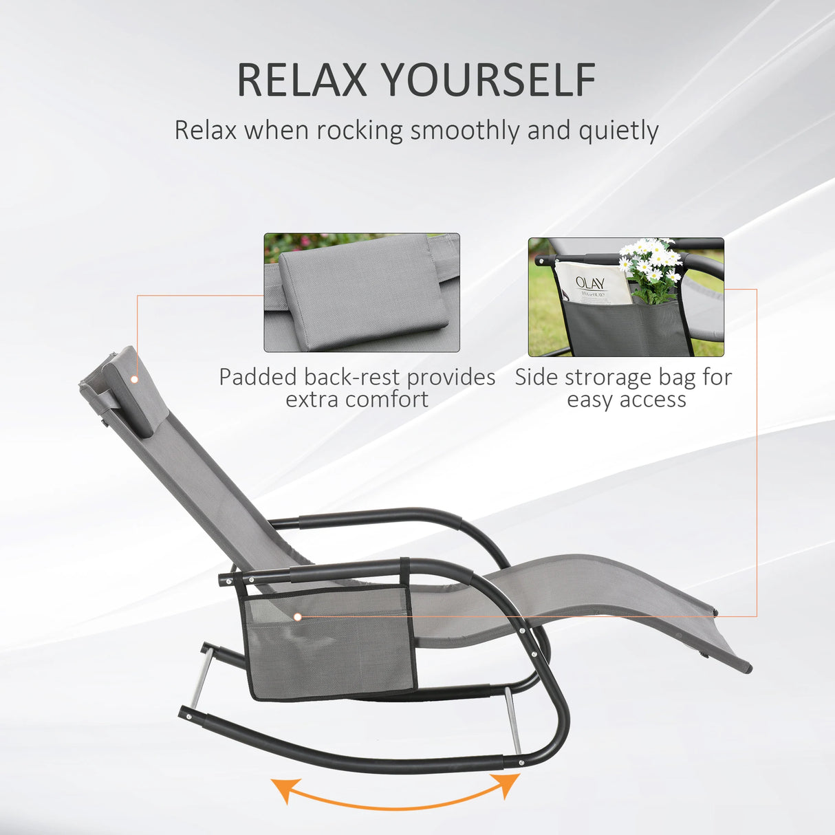 Outsunny 2PCs Outdoor Garden Rocking Chair, Patio Sun Lounger Rocker Chair with Breathable Mesh Fabric, Removable Headrest Pillow, Armrest, Side Storage Bag, Grey