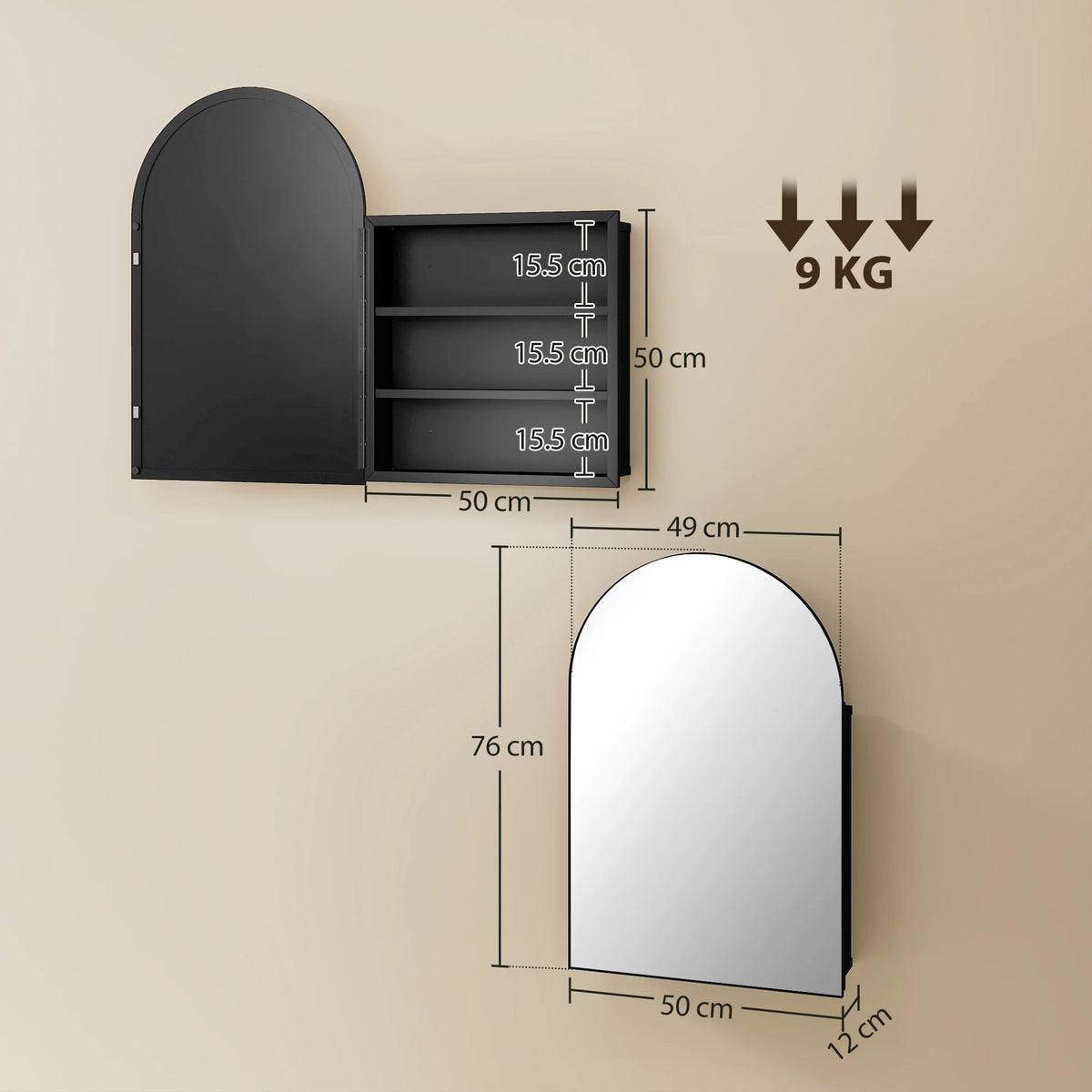 HOMCOM Bathroom Mirror Cabinet with Mirror, Arched Wall Mounted Bathroom Cabinet with Storage Shelves, Black