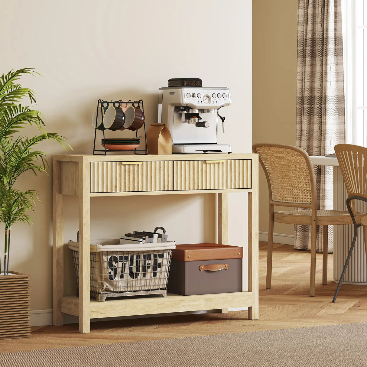 HOMCOM Modern Console Table with Fluted Panel Drawers, Narrow Hallway Table with Shelf for Entryway, Living Room, 90 x 30 x 76 cm, Natural Wood Finish