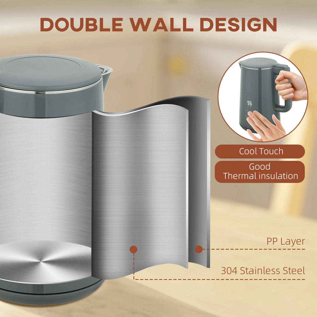 HOMCOM Digital Stainless Steel Kettle and Toaster Set, 1.5L 3000W Fast Boil Kettle, 2 Slice Toaster with 7 Level Browning Controls, Defrost, Reheat, Keep Warm, Crumb Tray and LED Touch Display, Grey