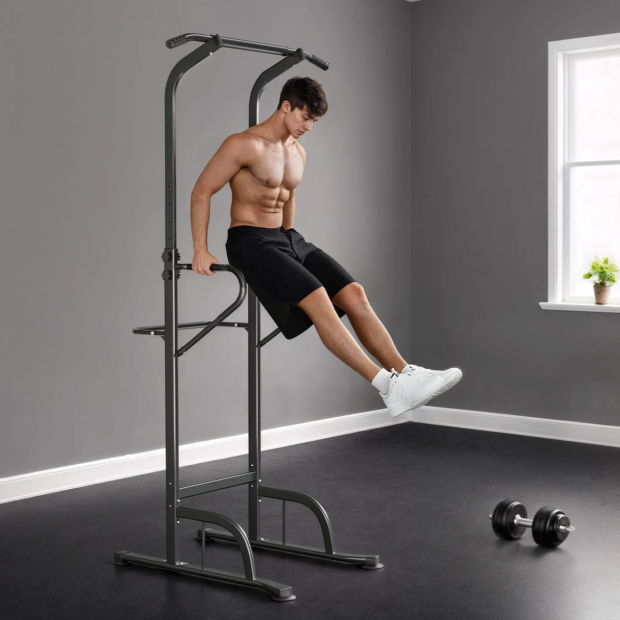 HOMCOM Power Tower Dip Station Pull Up Bar Multi-Function Push Up Equipment with Adjustable Height for Home Gym Strength Training Workout Fitness