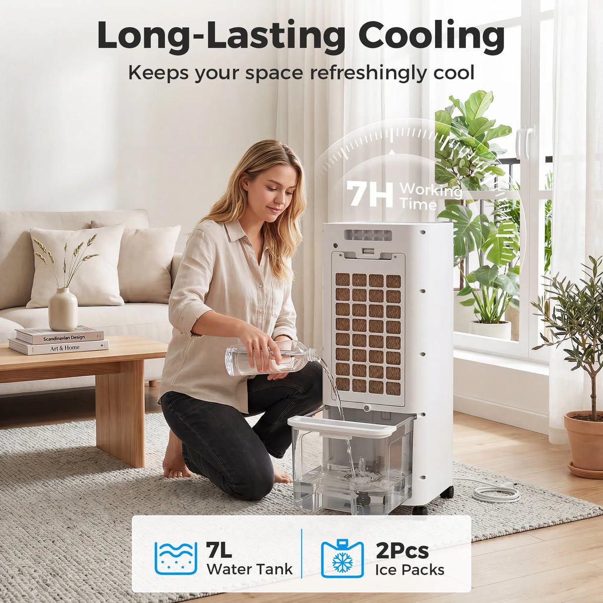 HOMCOM Portable Air Cooler, 3-In-1 Evaporative Air Cooler with 7 Litre Water Tank, 48 Oscillation, White