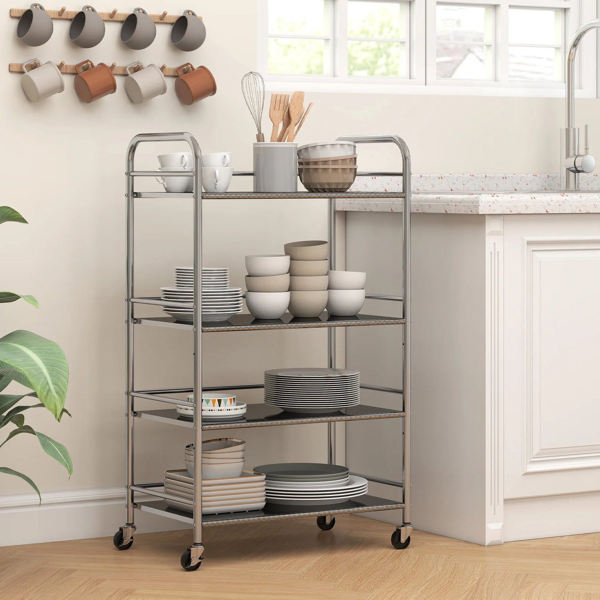 HOMCOM 4 Tier Stainless Steel Kitchen Storage Trolley with Adjustable Shelves - Silver