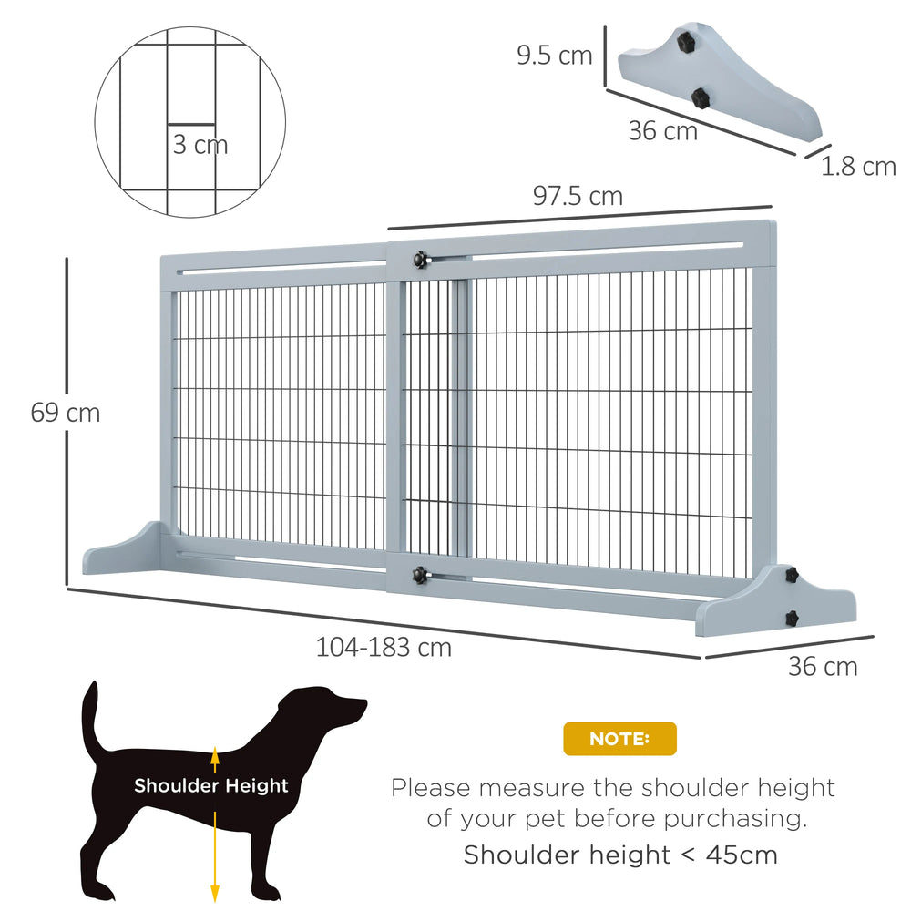 PawHut Freestanding Dog Gate, Foldable Pet Fence, Indoor Wood Barrier, Stair Gate with Support Feet, for Doorway, Hallway, Small and Medium Dogs, 69H x 104-183 cm, Blue-grey