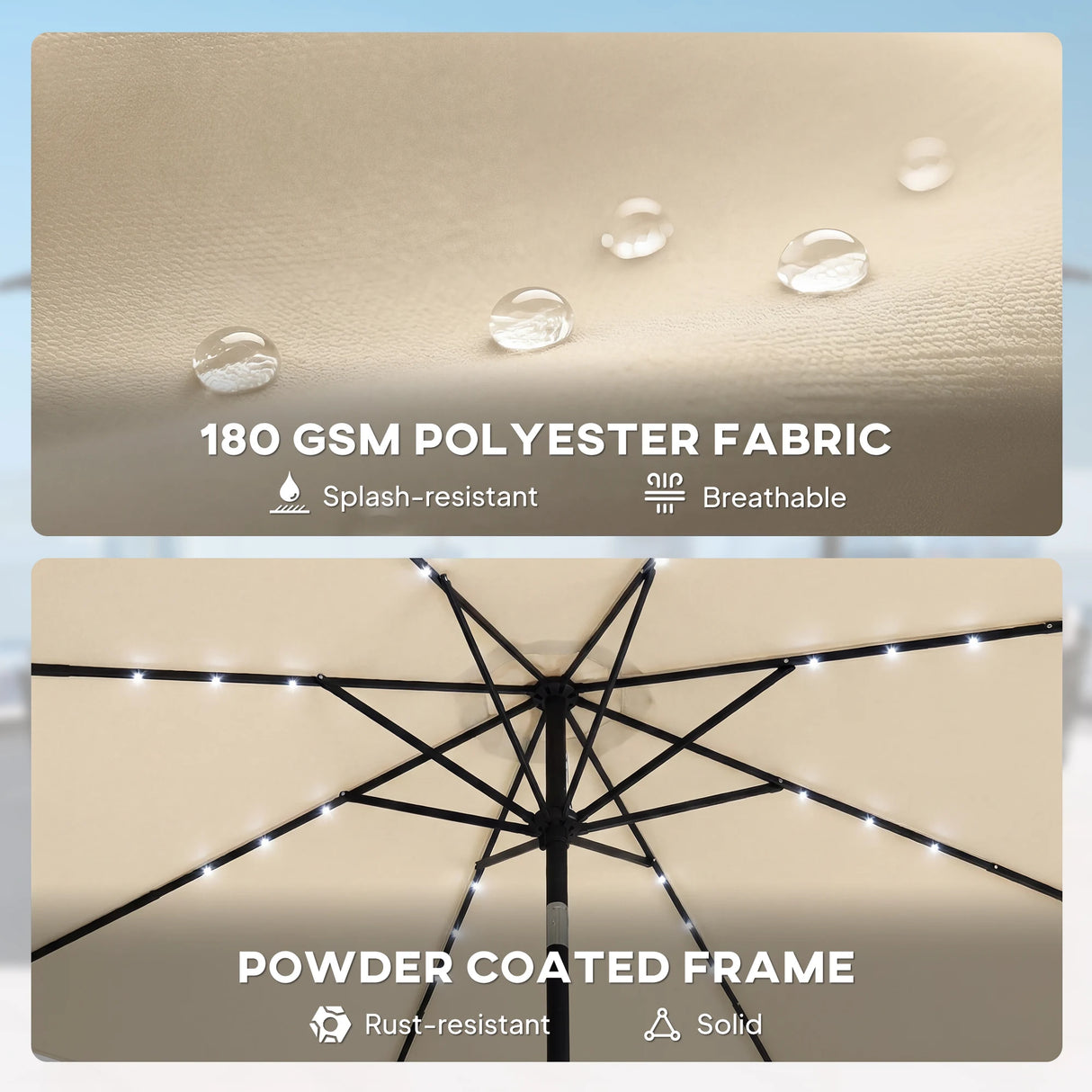 Outsunny 2.6 m Garden Parasol Umbrella with LED Solar Light, Parasol Cover, Outdoor Market Patio Umbrella, Beige