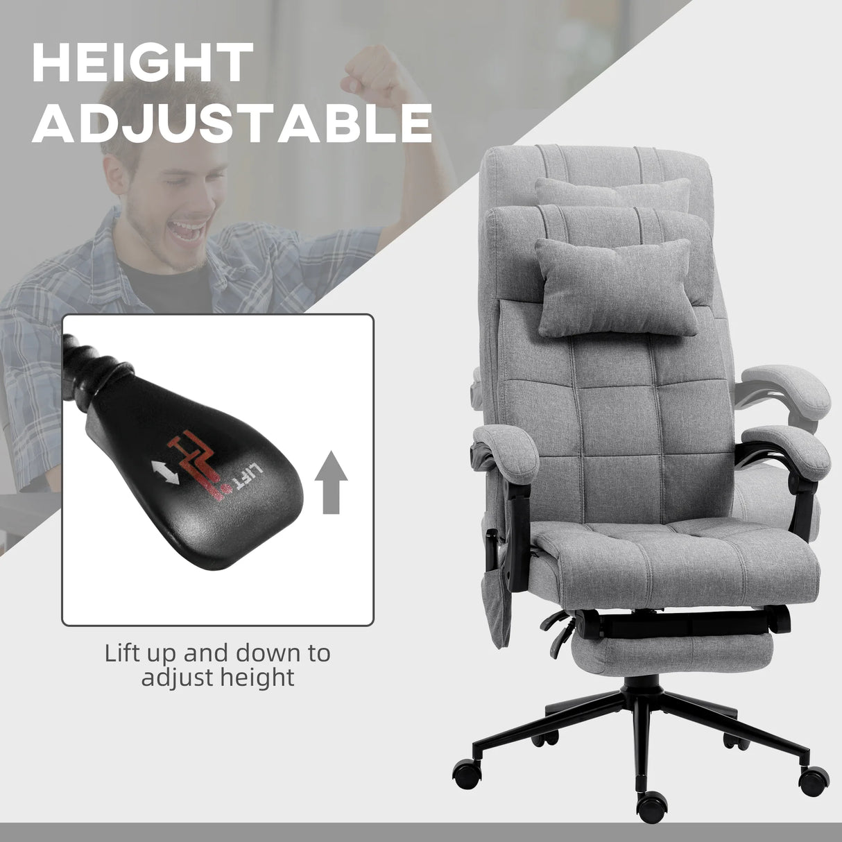 Vinsetto Office Chair with 6-point Vibration Massage and Heat, Computer Chair with Adjustable Height, Head Pillow, Footrest for Home, Grey