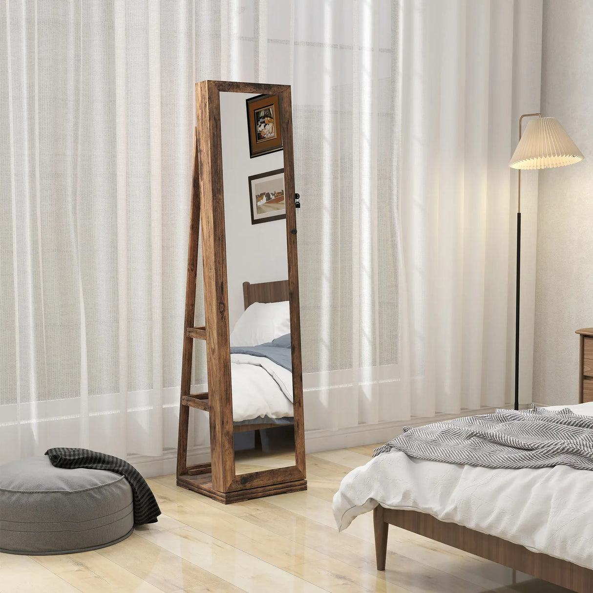 HOMCOM 360 Swivel Jewellery Cabinet, Free Standing Full Length Mirror with Storage, Lockable Jewellery Organiser with Built-in Makeup Mirror and Storage Shelves for Bedroom, Rustic Brown